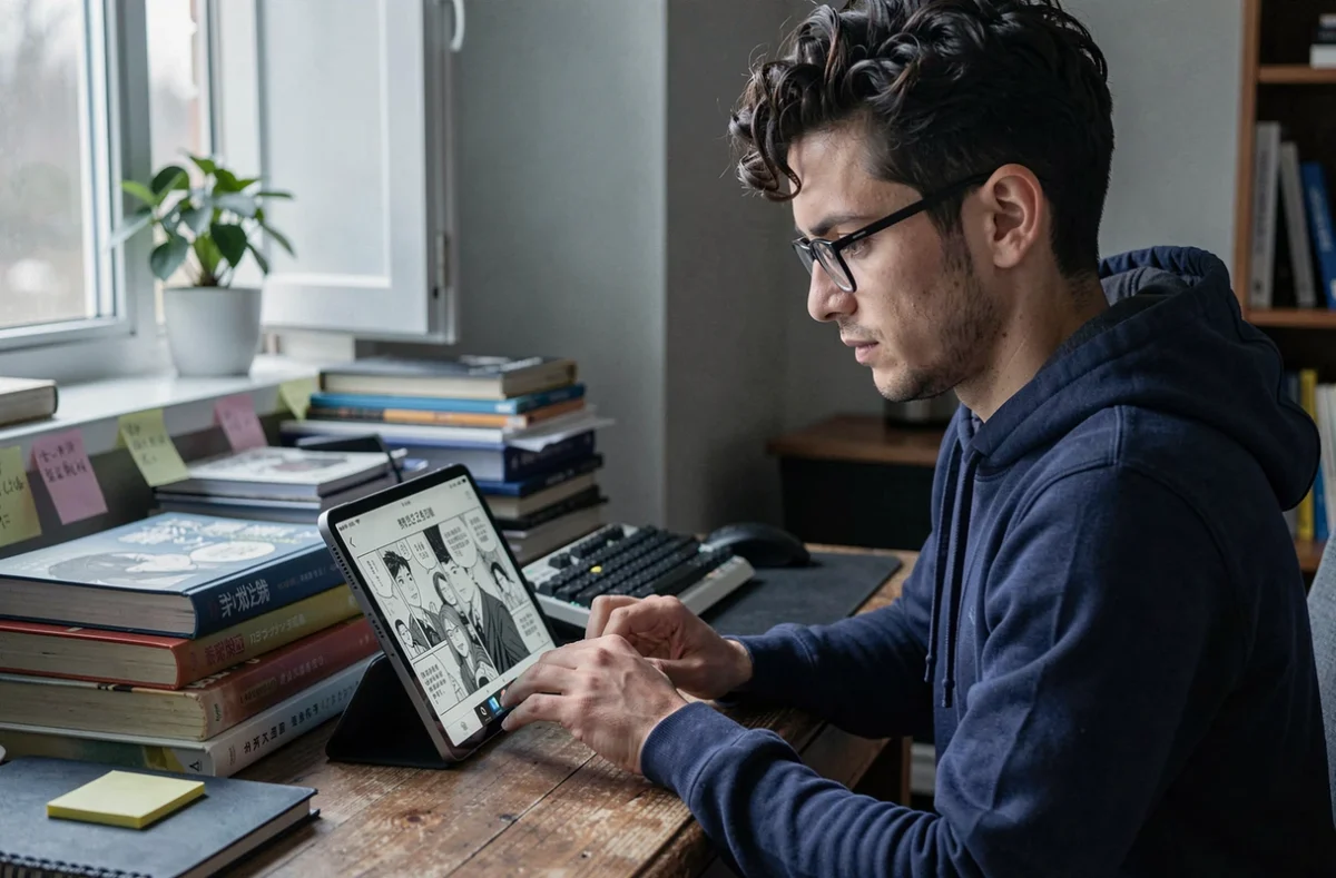 Homme lisant un manga en ligne sur tablette dans un bureau à domicile