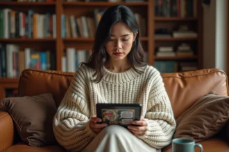 Jeune femme lisant des mangas traduits sur une tablette dans un salon cosy entouré de volumes manga