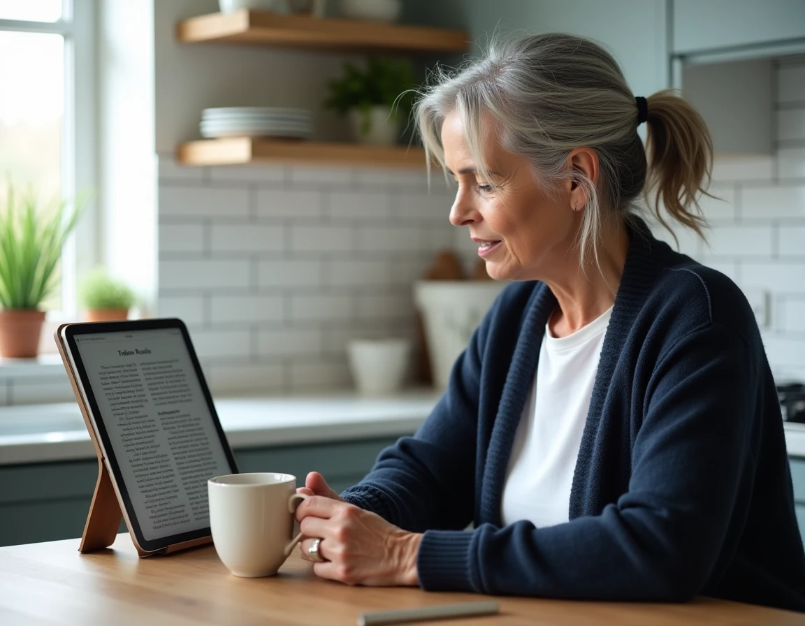 Femme mature lisant des scans numériques sur une tablette posée sur un support dans une cuisine lumineuse avec une tasse de thé