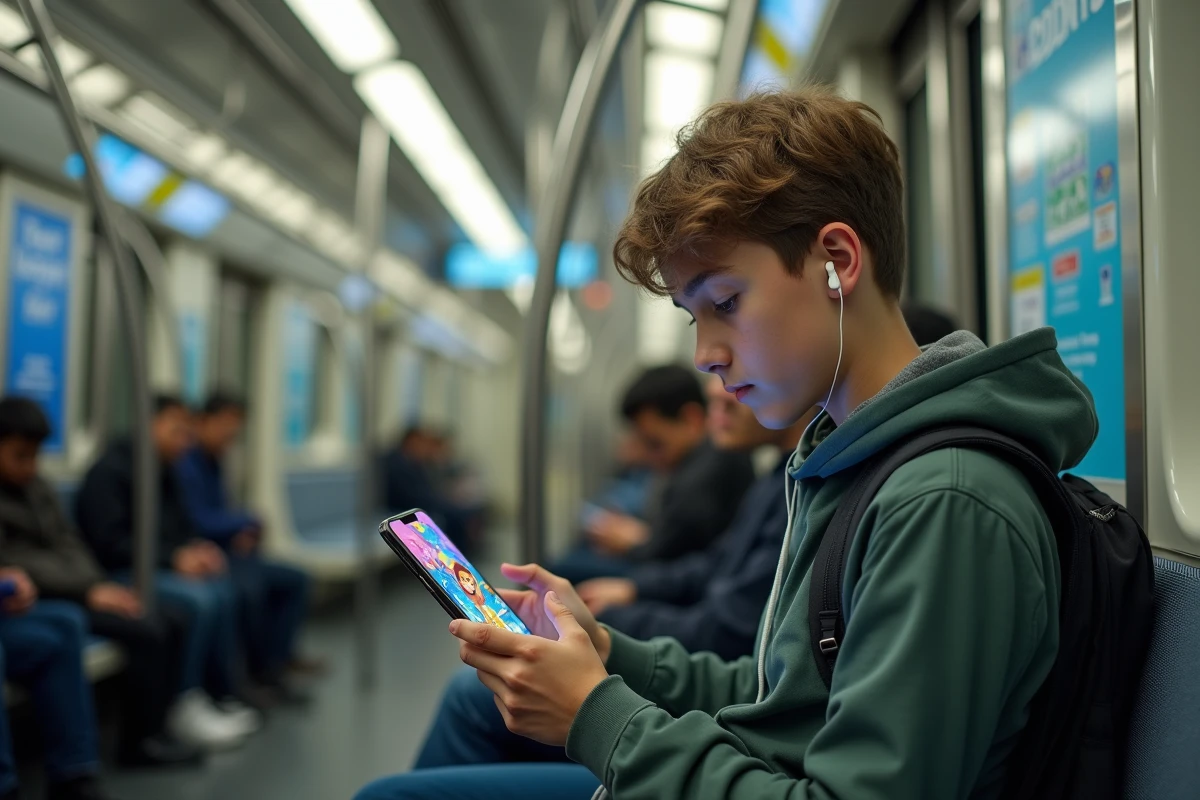 Adolescent lisant un webtoon sur smartphone dans les transports en commun, illustrant l'accessibilité mobile d'Epsilon Scan