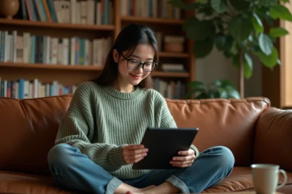 Jeune femme lisant un webtoon sur une tablette numérique dans un salon cosy, illustrant l'utilisation d'Epsilon Scan pour suivre ses webtoons préférés