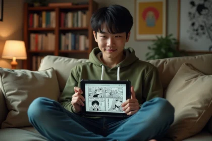 Jeune homme lisant un scan de manga One Piece sur tablette dans un salon décoré de volumes manga