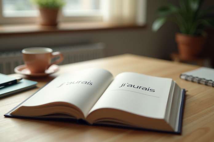 Livre de grammaire française ouvert sur un bureau lumineux