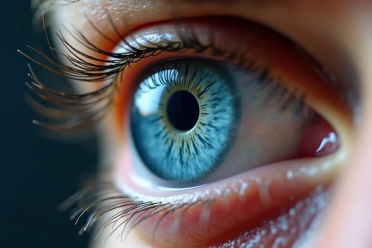 Macro photographique d'un iris bleu humain révélant les détails génétiques de la pigmentation oculaire