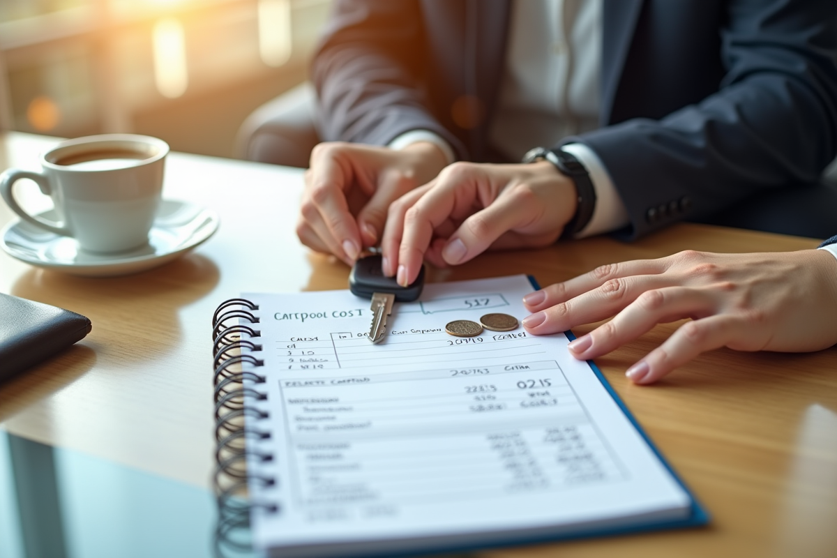 Mains posant des pièces et clés sur un carnet de calculs