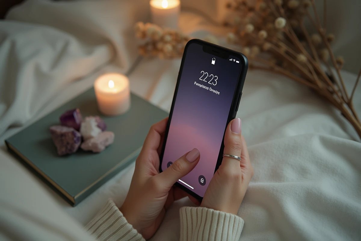 Mains tenant un smartphone affichant 23h23 la nuit avec un carnet de notes et des cristaux en arrière-plan, illustrant l'interprétation spirituelle des heures miroirs