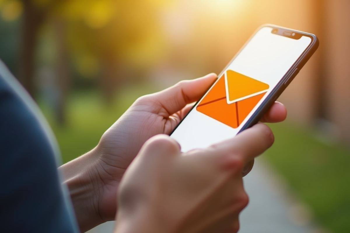 Mains tenant un smartphone avec l application Orange en extérieur