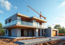 Maison moderne en construction en France avec ouvriers et grue