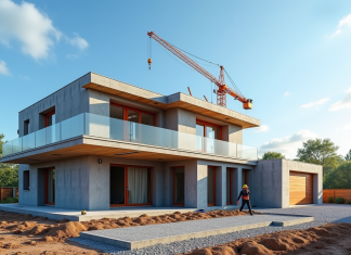 Constructeur maisons individuelles en France : leader du marché ? Maison moderne en construction en France avec ouvriers et grue