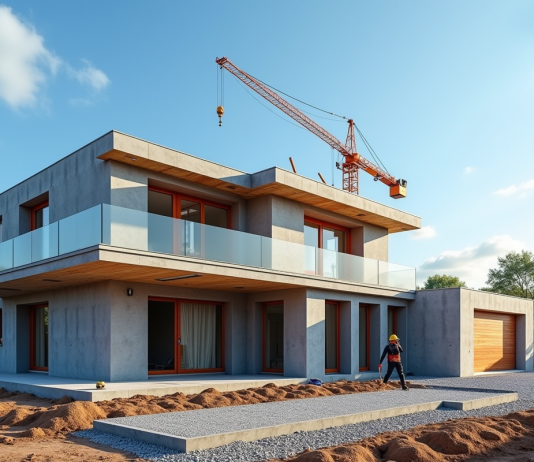 Maison moderne en construction en France avec ouvriers et grue