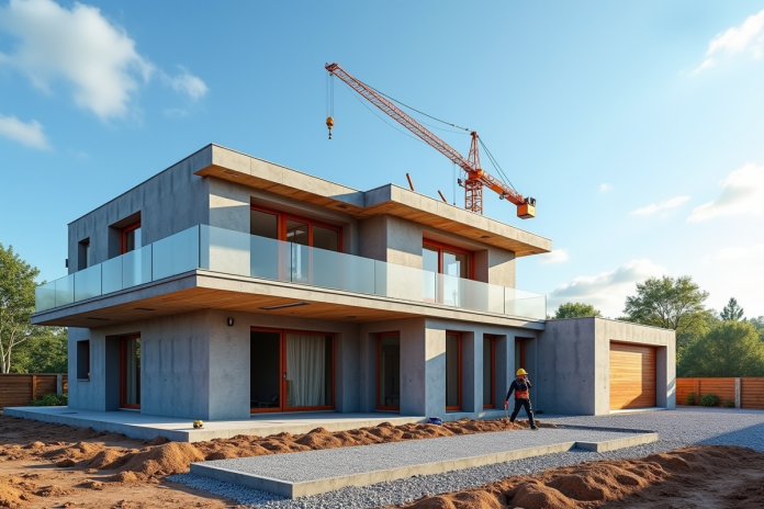 Maison moderne en construction en France avec ouvriers et grue
