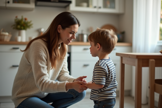 Maman et son enfant en conflit dans la cuisine familiale