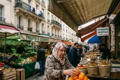 Marché de rue animé à Belleville Paris avec vendeurs multiculturels et étals colorés de fruits et épices