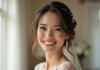Mariée souriante aux cheveux courts et ondules pour un mariage