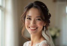 Mariée souriante aux cheveux courts et ondules pour un mariage
