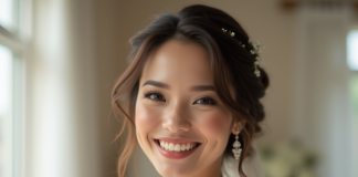 Mariée souriante aux cheveux courts et ondules pour un mariage