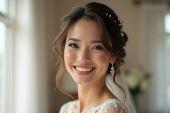Mariée souriante aux cheveux courts et ondules pour un mariage