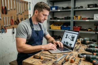 Mécanicien comparant des sites d'outillage en ligne depuis son atelier avec un laptop posé sur un établi en bois