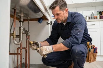 Plombier professionnel en train d'inspecter des tuyaux sous un évier dans une cuisine moderne de l'Ain
