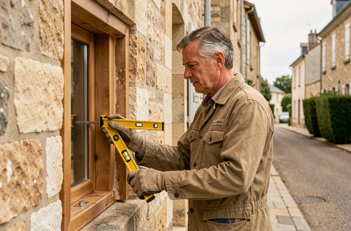 Artisan de la Menuiserie et Fermeture de Joinville posant un châssis en bois sur une façade en pierre à Joinville