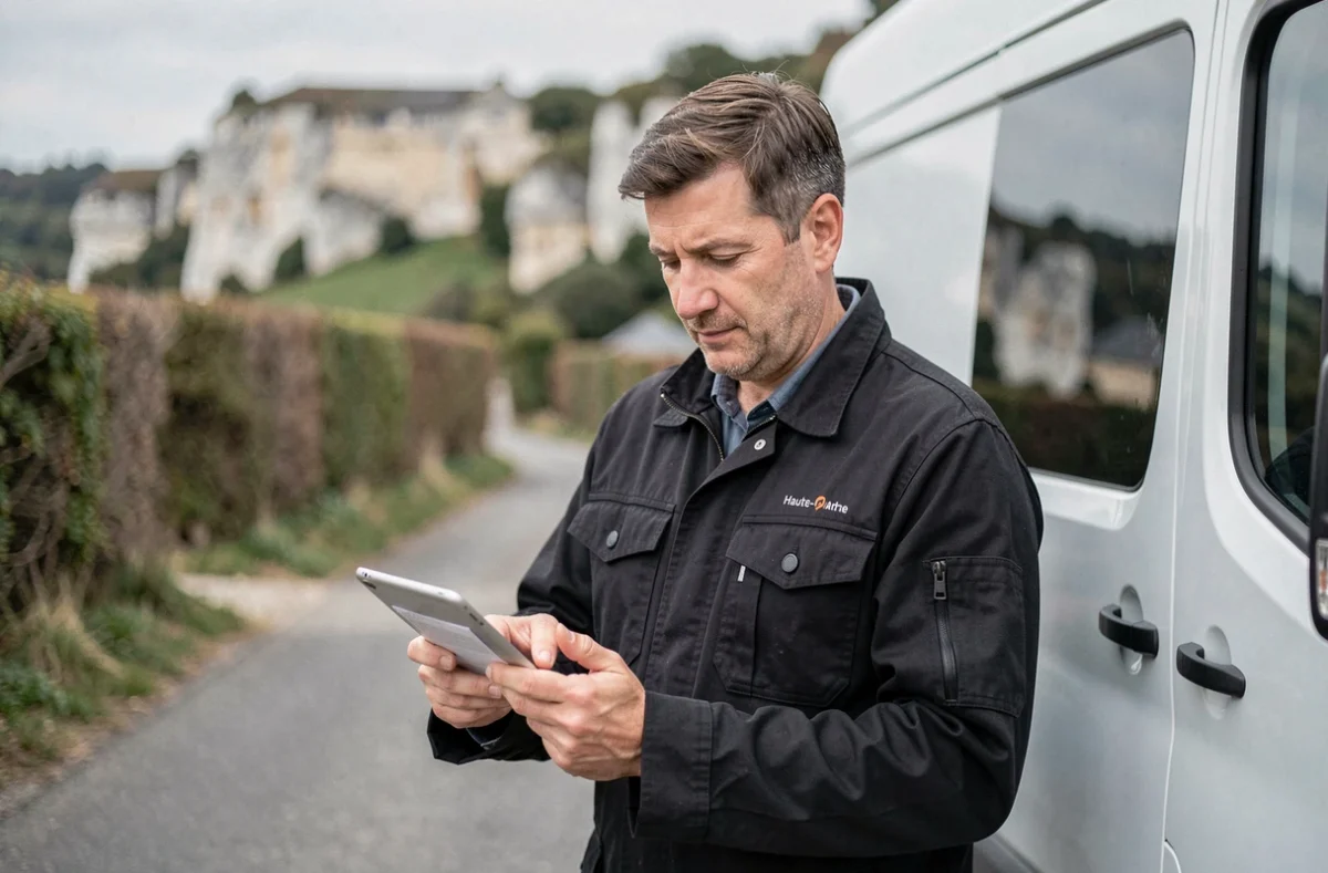 Mikael Boulanger serrurier en Haute-Marne debout près de son véhicule professionnel