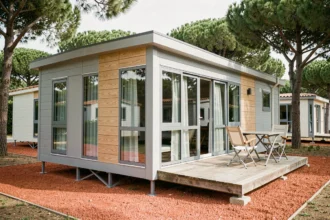 Mobil-home moderne français aux lignes épurées avec grande baie vitrée et terrasse aménagée dans un camping provençal