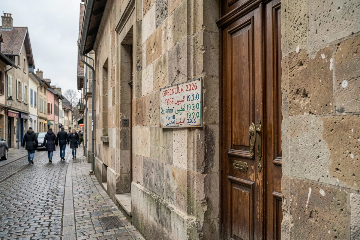 Panneau des horaires de prière 2026 affiché à l'entrée d'une mosquée dans le centre de Grenoble