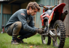 Jeune motocross en pleine réparation de la chaîne