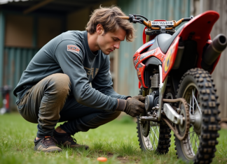 Entretien indispensable de votre moto-cross 125 cm³ : guide pratique Jeune motocross en pleine réparation de la chaîne