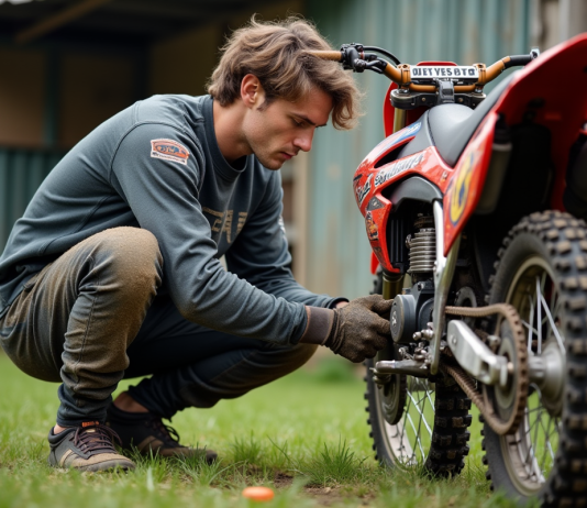 Entretien indispensable de votre moto-cross 125 cm³ : guide pratique Jeune motocross en pleine réparation de la chaîne