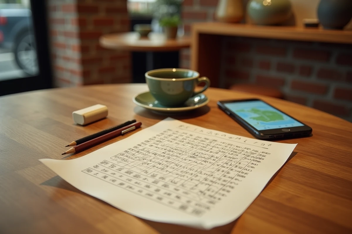Table de café à Kyoto avec un mots fléchés sur les villes du Japon et une tasse de thé matcha