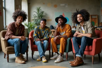 Quatre jeunes musiciens en studio avec style éclectique