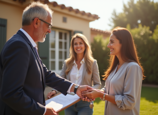 Impôt sur la vente d’un bien immobilier en Espagne : quelle fiscalité appliquée ? Notaire espagnol remettant les clés à un couple souriant devant une villa