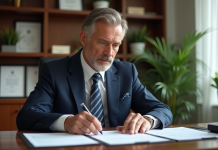 Notaire homme en costume dans son bureau professionnel