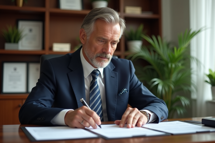 Notaire homme en costume dans son bureau professionnel