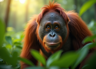 L’incroyable univers des animaux en O : les incontournables Orangutan curieux dans la forêt tropicale verte