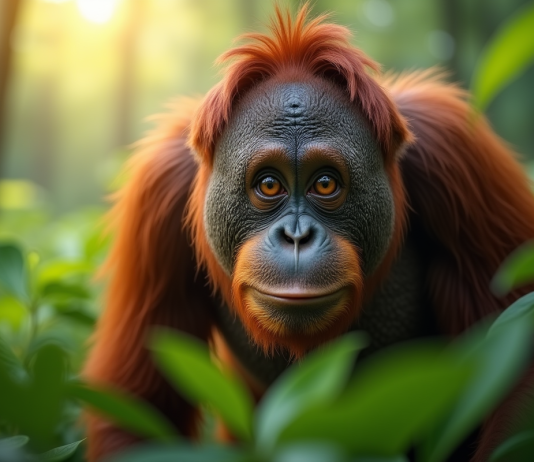 L’incroyable univers des animaux en O : les incontournables Orangutan curieux dans la forêt tropicale verte