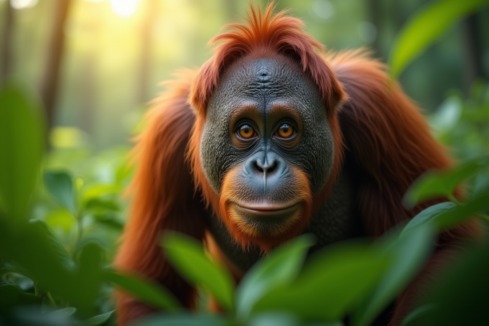 Orangutan curieux dans la forêt tropicale verte
