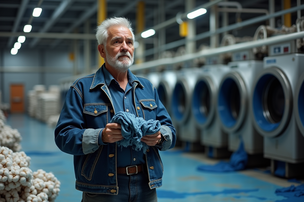 Ouvrier avec débris de denim dans une usine textile