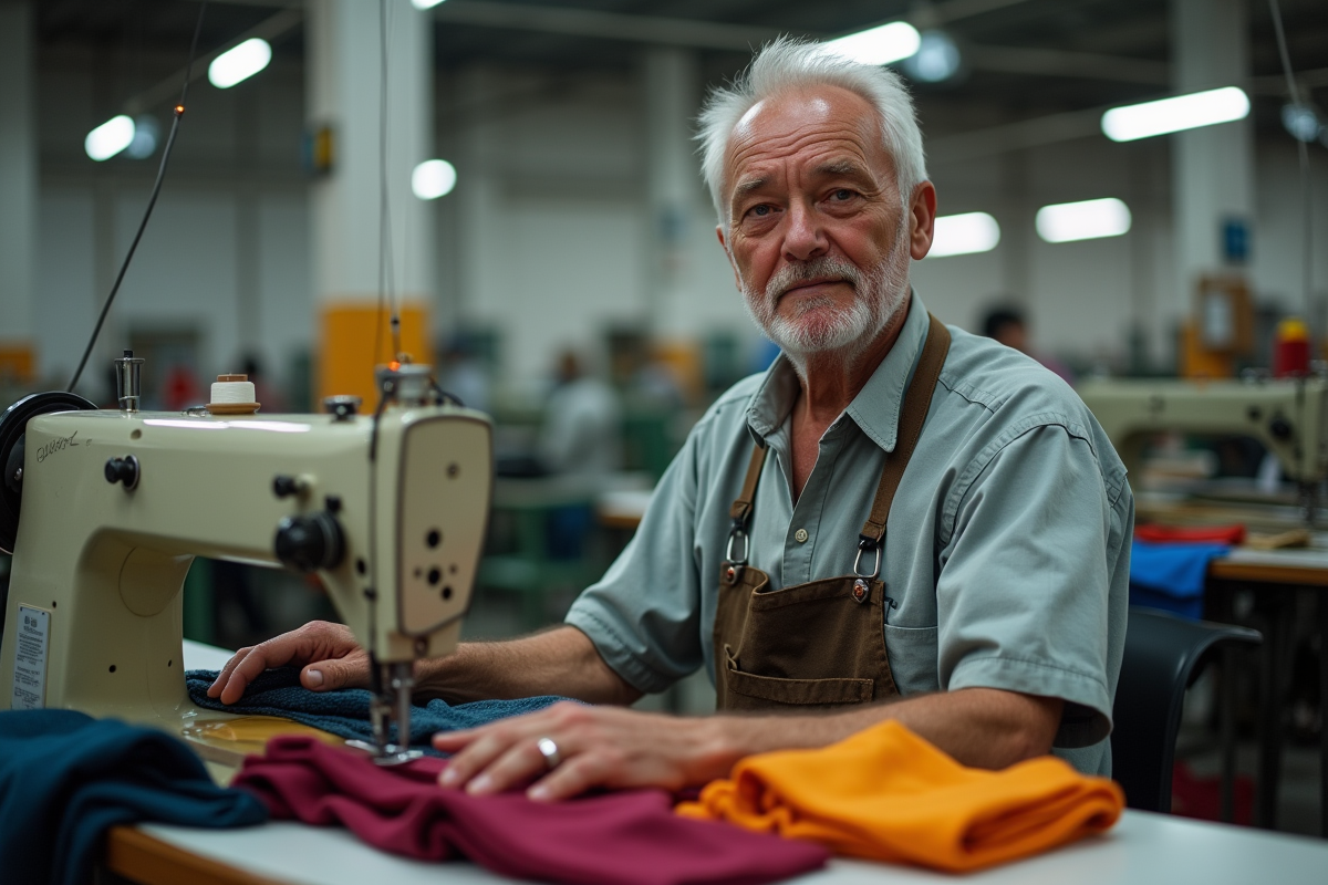 Ouvrier textile homme à la machine à coudre dans l