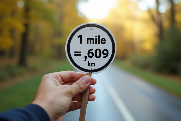 Panneau de signalisation indiquant 1 mile égal 1 609 km en plein jour