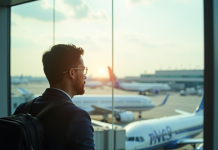 Voyageur dans un aéroport regardant les avions au sol