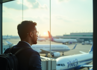 Préparer le voyage : combien d’heures de vol pour La Réunion selon votre itinéraire Voyageur dans un aéroport regardant les avions au sol