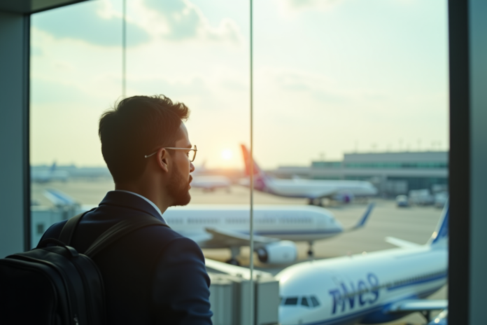 Voyageur dans un aéroport regardant les avions au sol