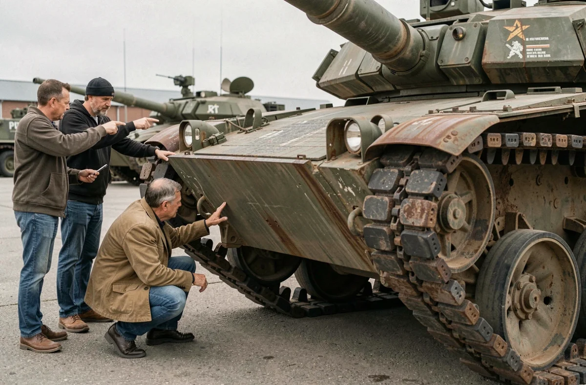 Des passionnés de blindés examinent le train de roulement d'un char M1A1 Abrams exposé dans un musée militaire en plein air
