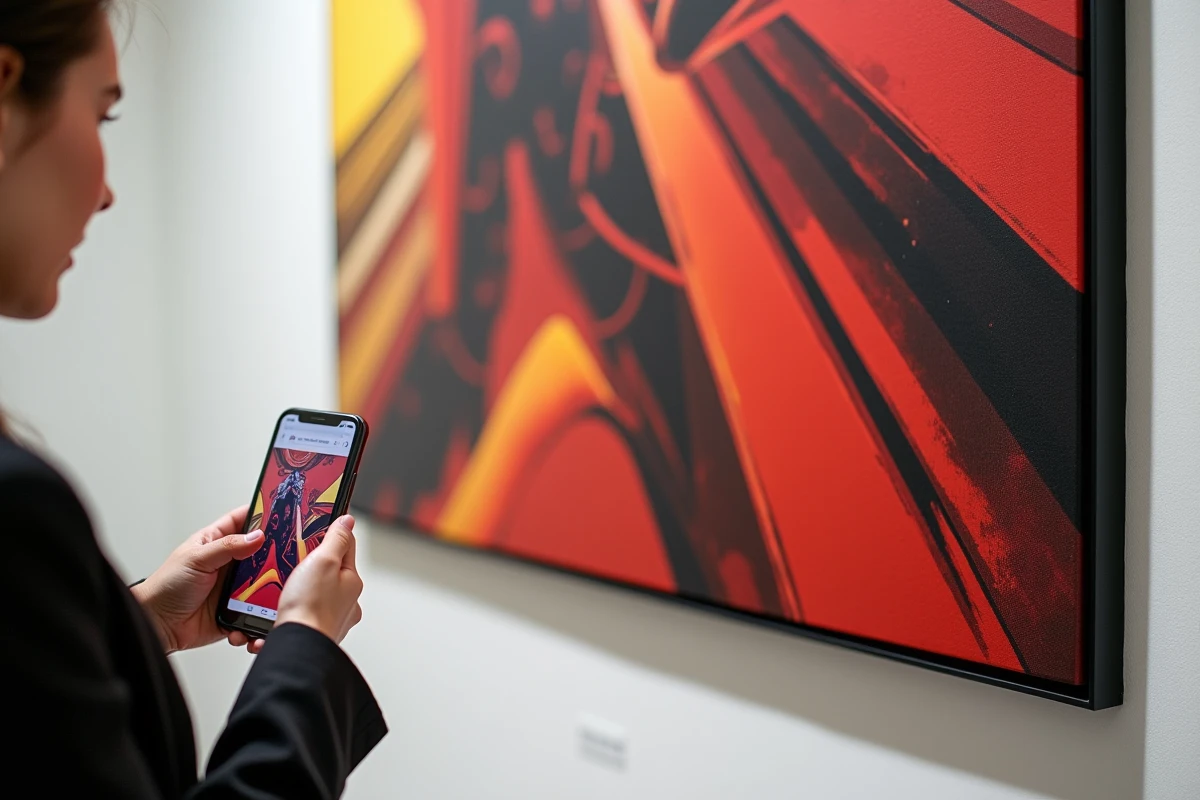 Comparaison entre une peinture futuriste physique en galerie et sa version numérique sur smartphone