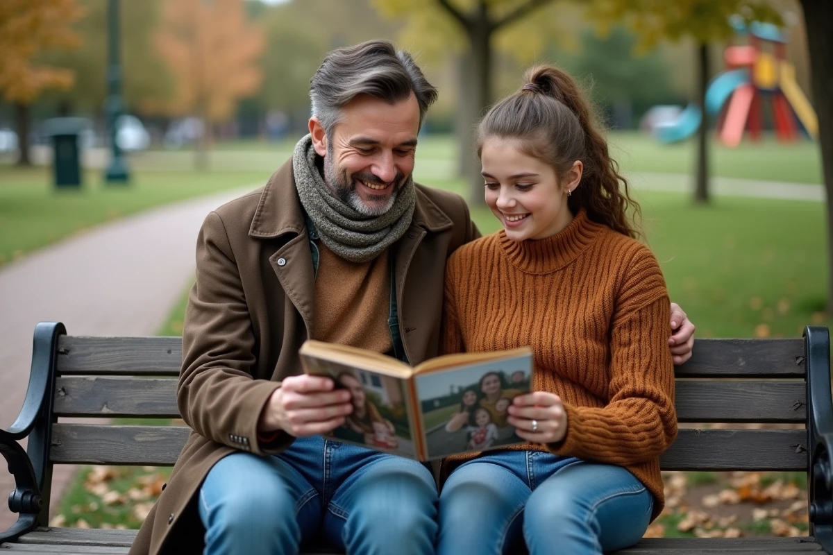 Pere et fille regardant un album photo dans un parc