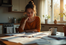 Personne assise à une table de cuisine avec des papiers et des factures