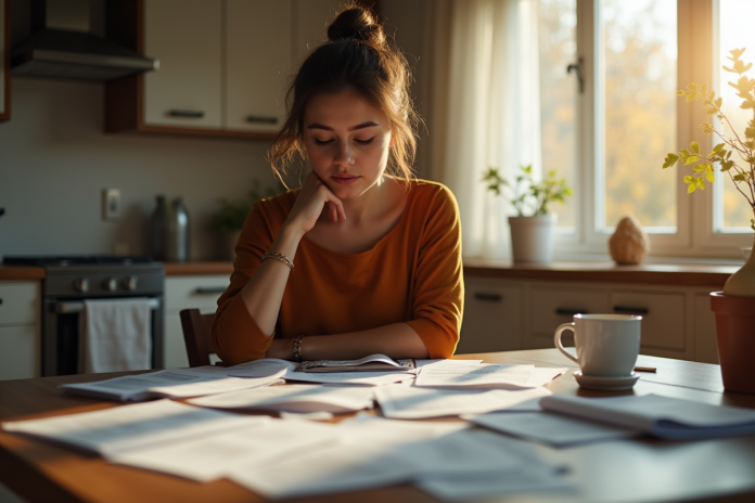 Personne assise à une table de cuisine avec des papiers et des factures