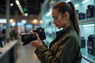 Photographe professionnelle tenant un appareil photo hybride dans un magasin spécialisé pour choisir un appareil 4K